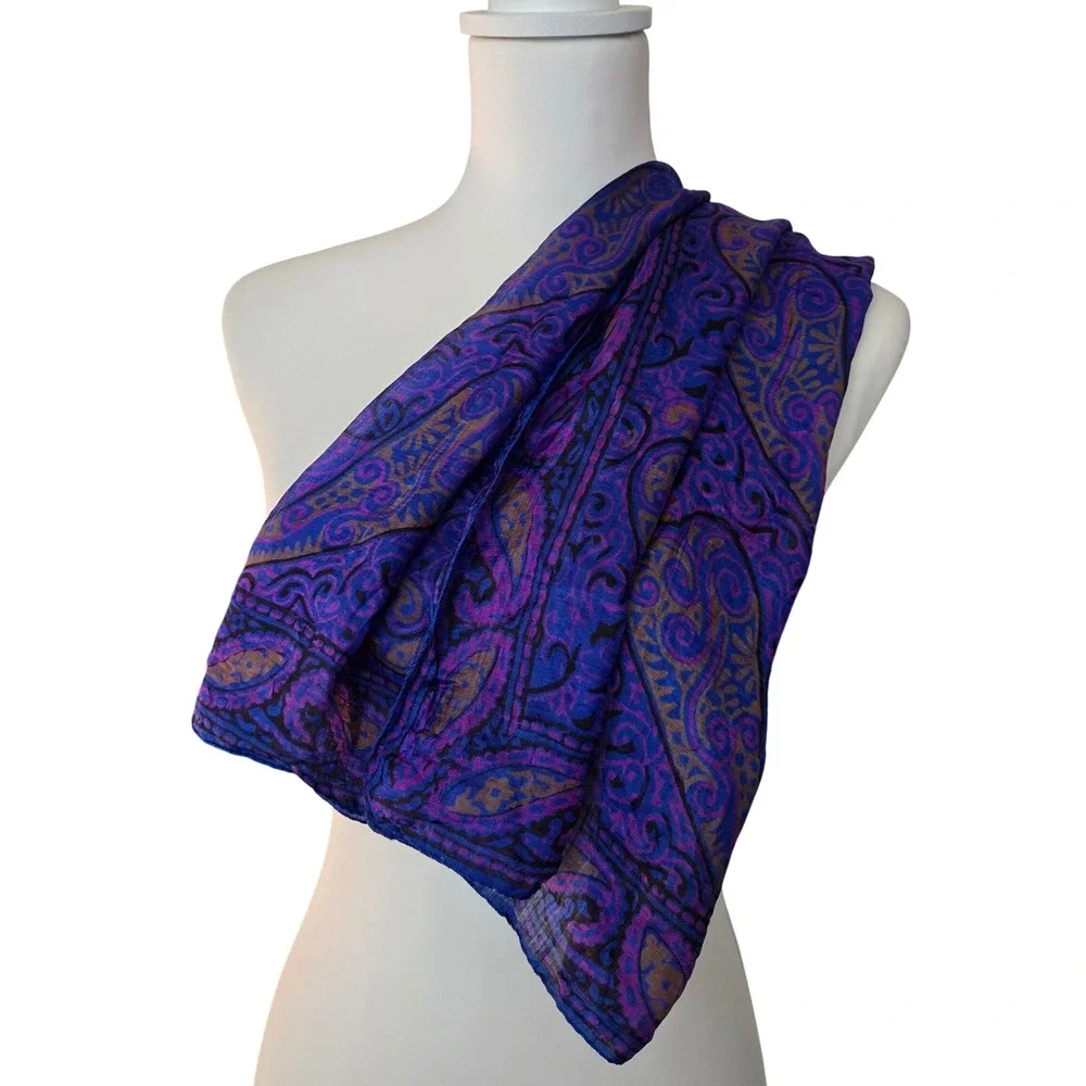 Boho 100% Silk Scarf Paisley Square Purple Lightweight India Bohemian Chic